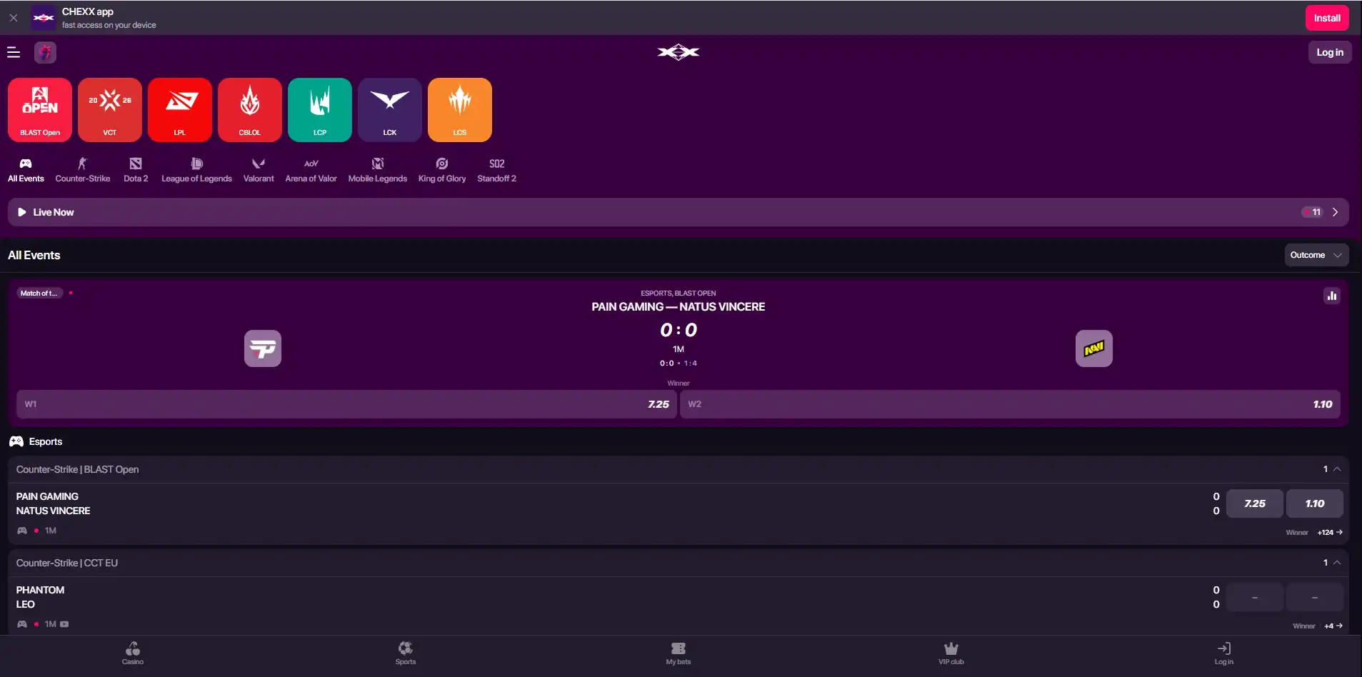 Bagian esports CHEXX dengan event dan disiplin esports