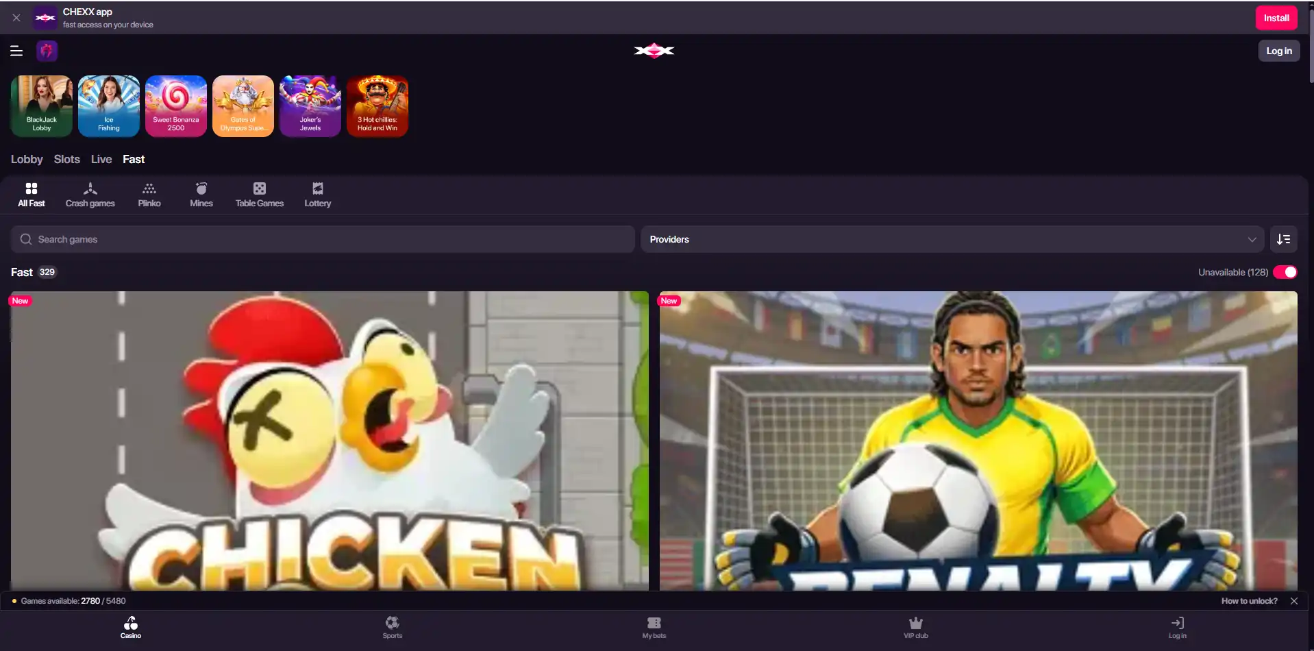 Lobby Fast Games CHEXX dengan kategori Fast dan halaman Crash