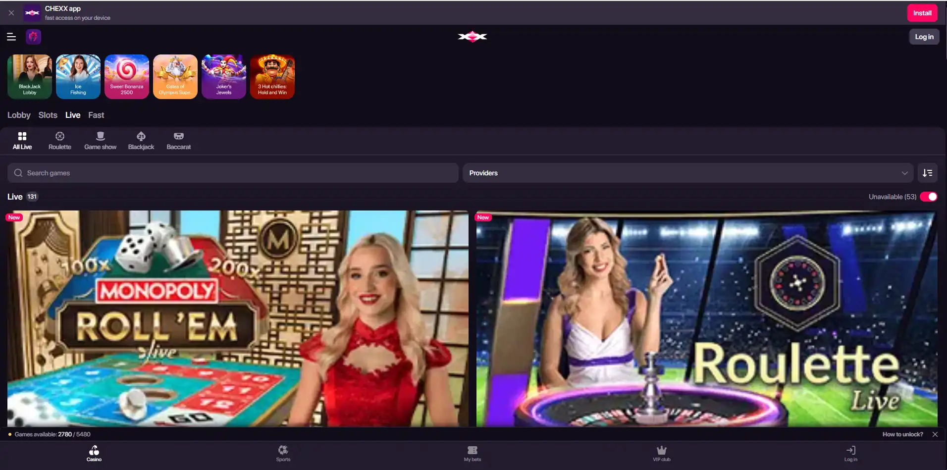 Lobby Live Casino CHEXX dengan kategori live dan filter provider