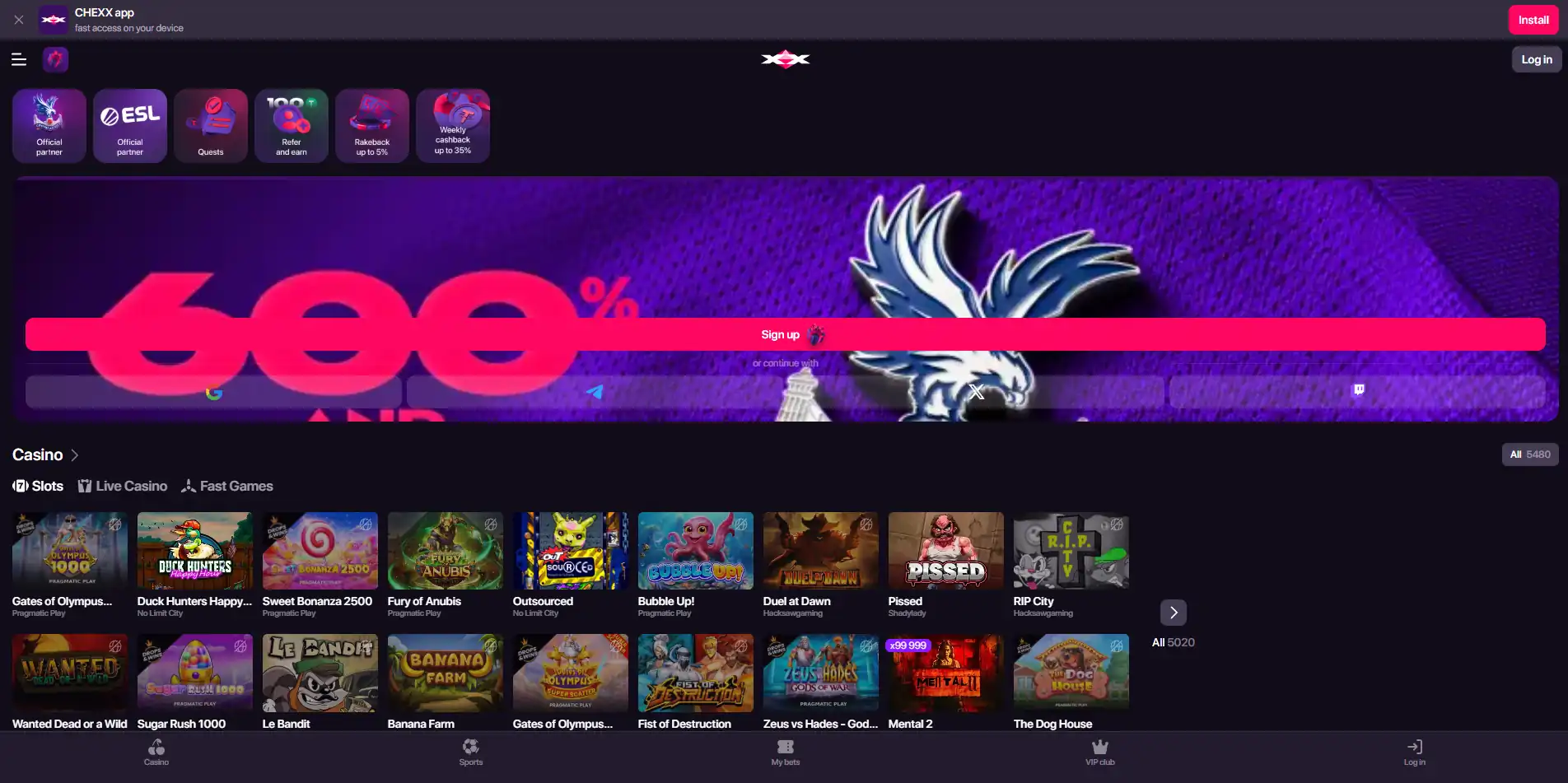 Tangkapan layar kategori casino dan sportsbook pada antarmuka CHEXX